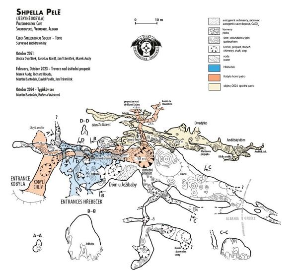 Jeskyně Kobyla - mapa včetně nových objevů „Tygříkův sen“ (žlutě) 