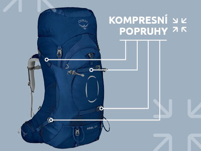 Kompresní popruhy napříč batohem - stahují celý batoh pro eliminaci "pohybu" věcí uvnitř batohu