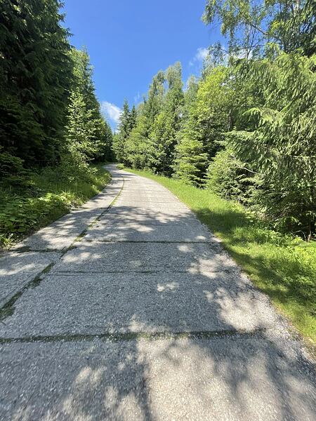 Panelka vedoucí téměř přímo od areálu se po chvíli mění na asfalt a pak konečně na trail